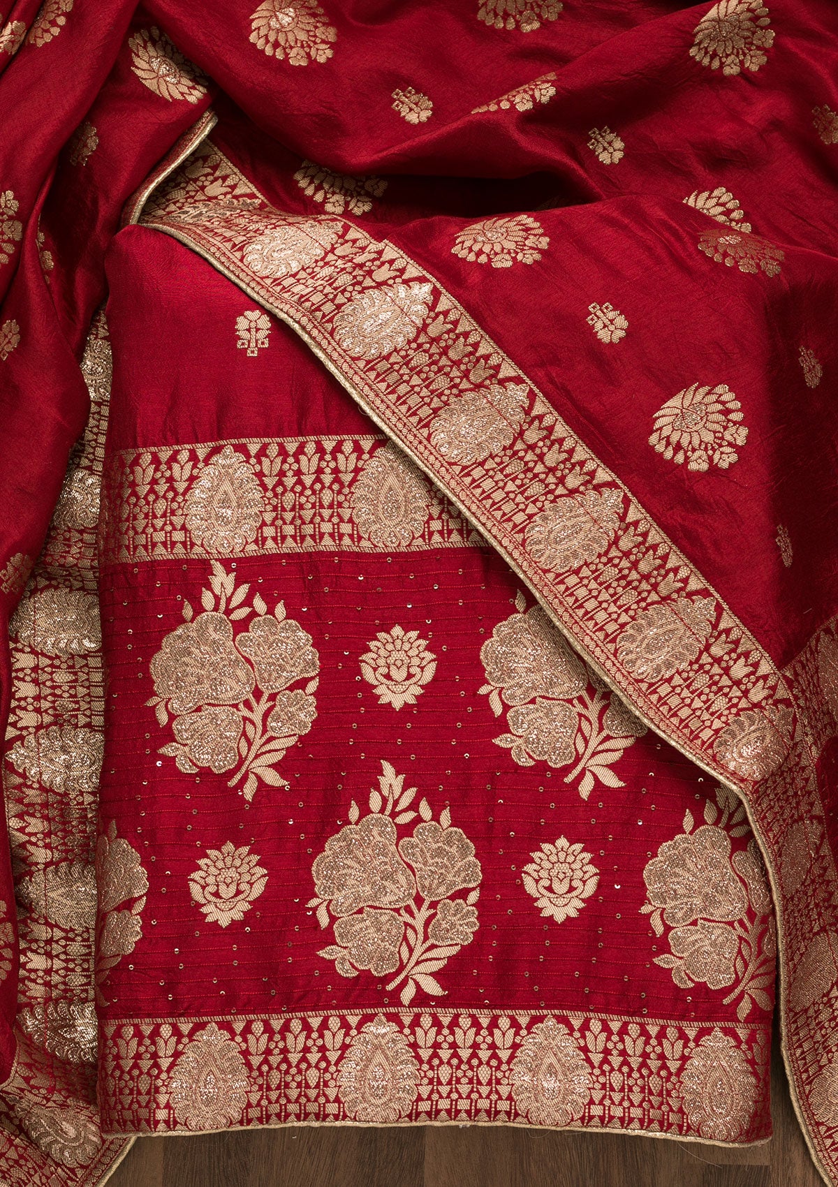 Red Zariwork Georgette Unstitched Salwar Suit-Koskii