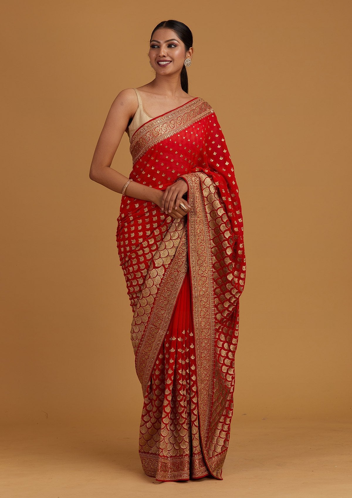 Buy Red Zariwork Georgette Designer Saree Koskii