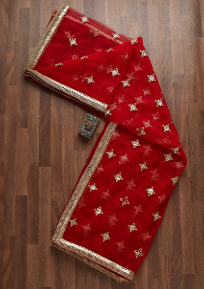 Red Zariwork Net Readymade Dupatta-Koskii