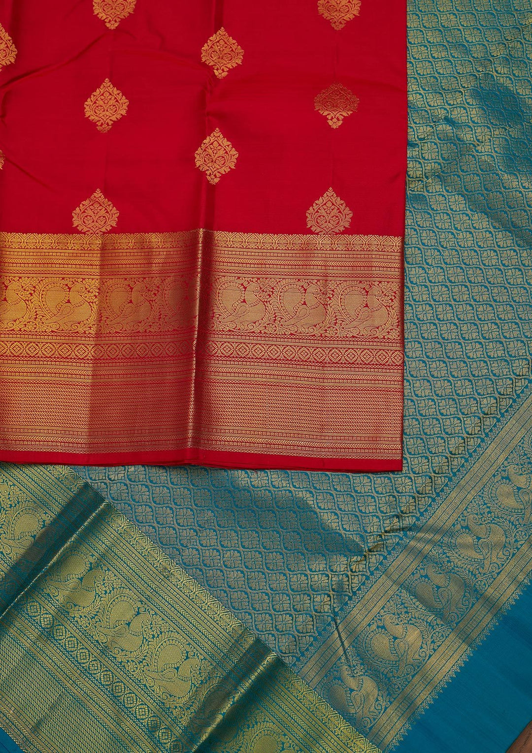 Red Zariwork Pure Silk Designer Unstitched Saree - Koskii