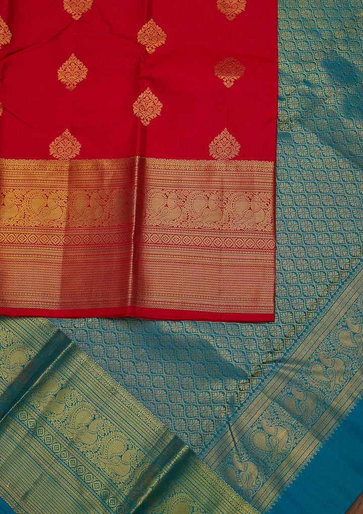 Red Zariwork Pure Silk Designer Unstitched Saree - Koskii
