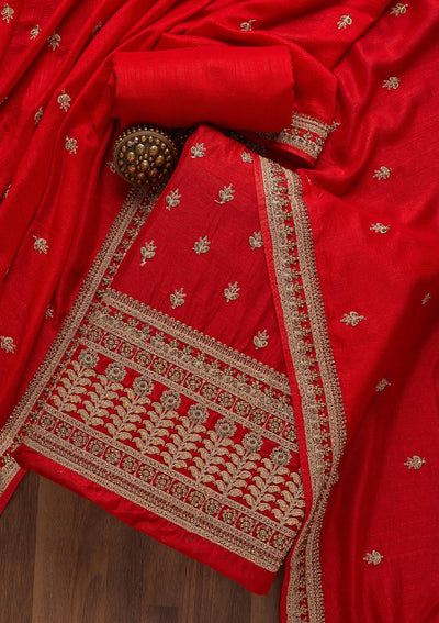 Red Zariwork Raw Silk Unstitched Salwar Suit- Koskii