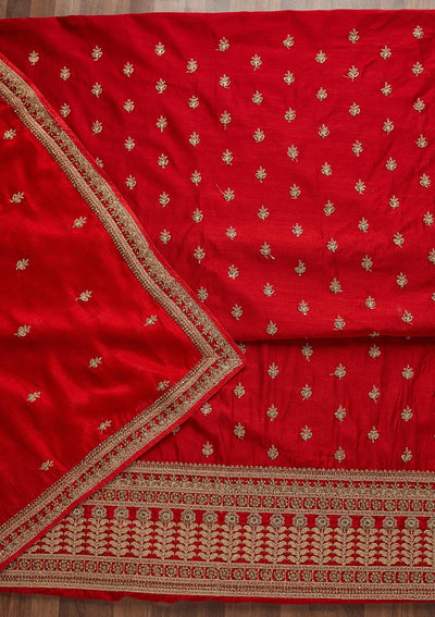 Red Zariwork Raw Silk Unstitched Salwar Suit - Koskii
