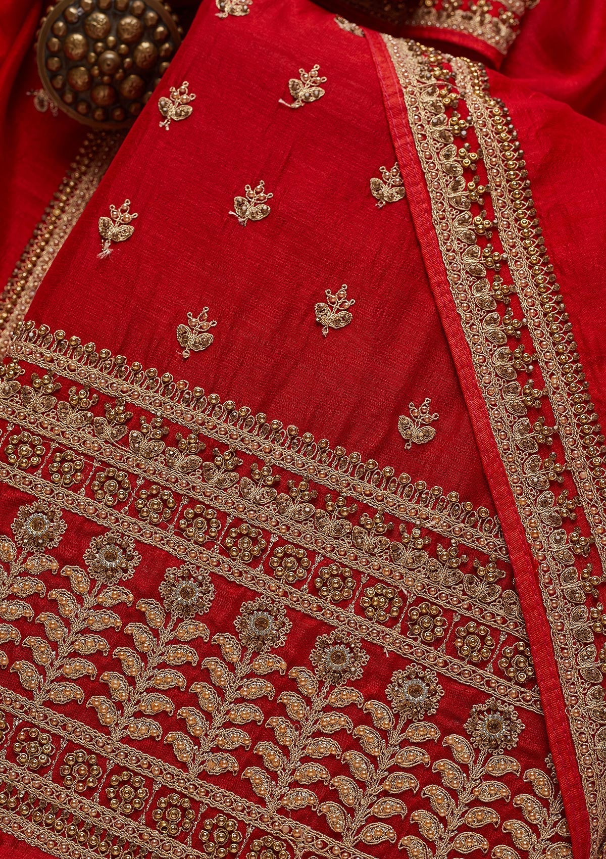 Red Zariwork Raw Silk Unstitched Salwar Suit - Koskii