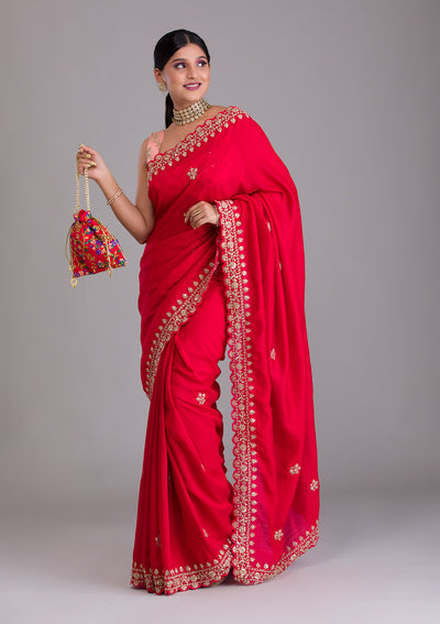 Red Zariwork Raw Silk Saree-Koskii