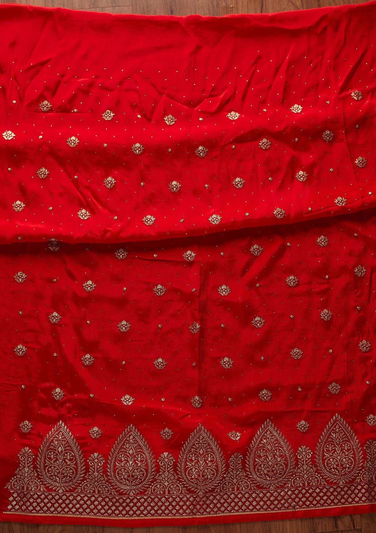 Red Zariwork Semi Crepe Designer Unstitched Salwar Suit - koskii