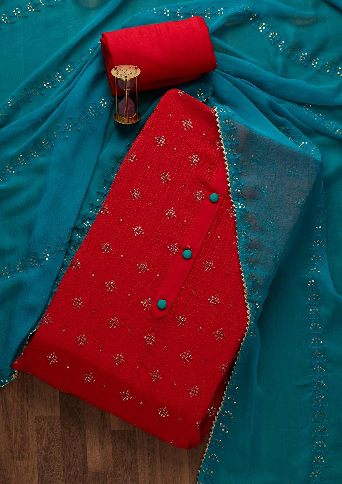 Red Zariwork Semi Crepe Unstitched Salwar Suit-Koskii