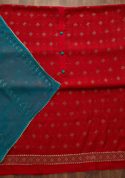Red Zariwork Semi Crepe Unstitched Salwar Suit-Koskii