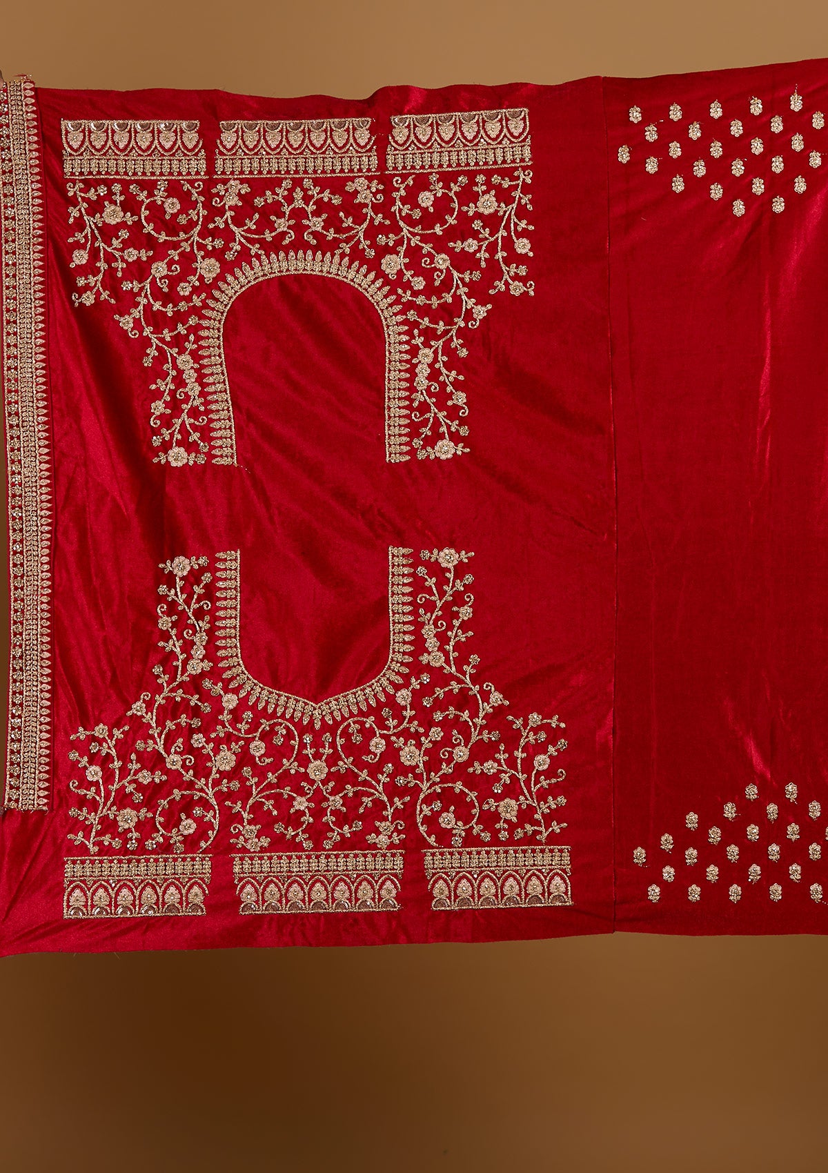 Red Zariwork Velvet Designer Semi-Stitched Lehenga - Koskii