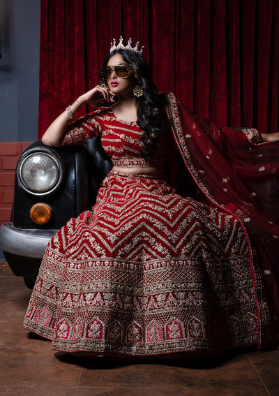 Red Zariwork Velvet Designer Lehenga- Koskii