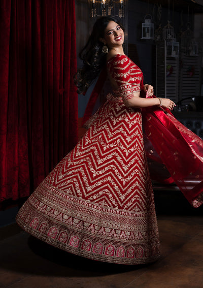 Red Zariwork Velvet Designer Lehenga - Koskii