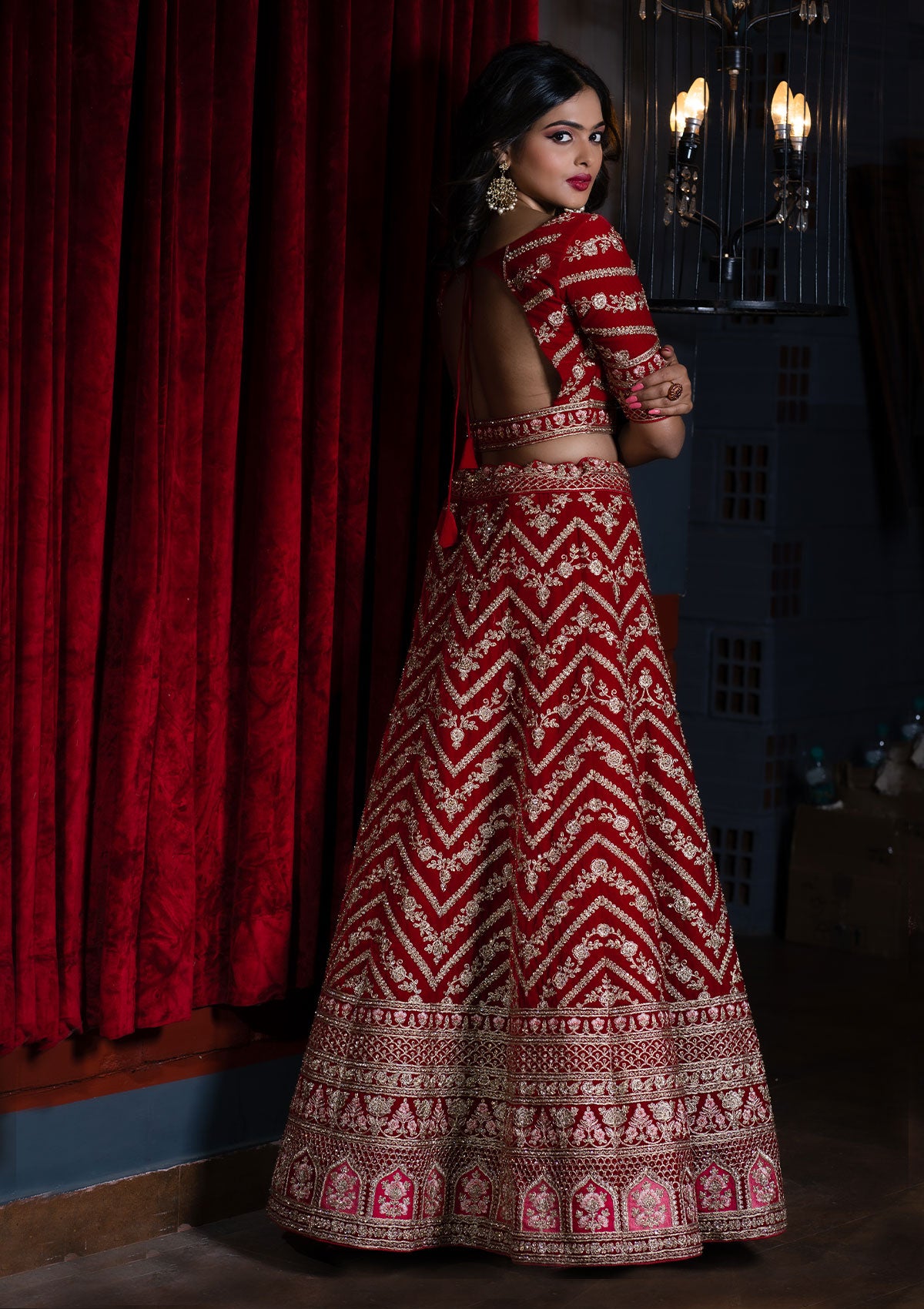 Red Zariwork Velvet Designer Lehenga - Koskii