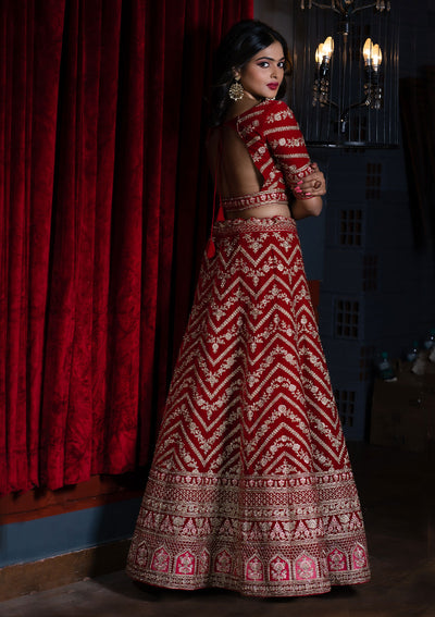 Red Zariwork Velvet Designer Lehenga - Koskii