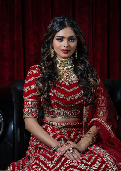 Red Zariwork Velvet Designer Lehenga - Koskii