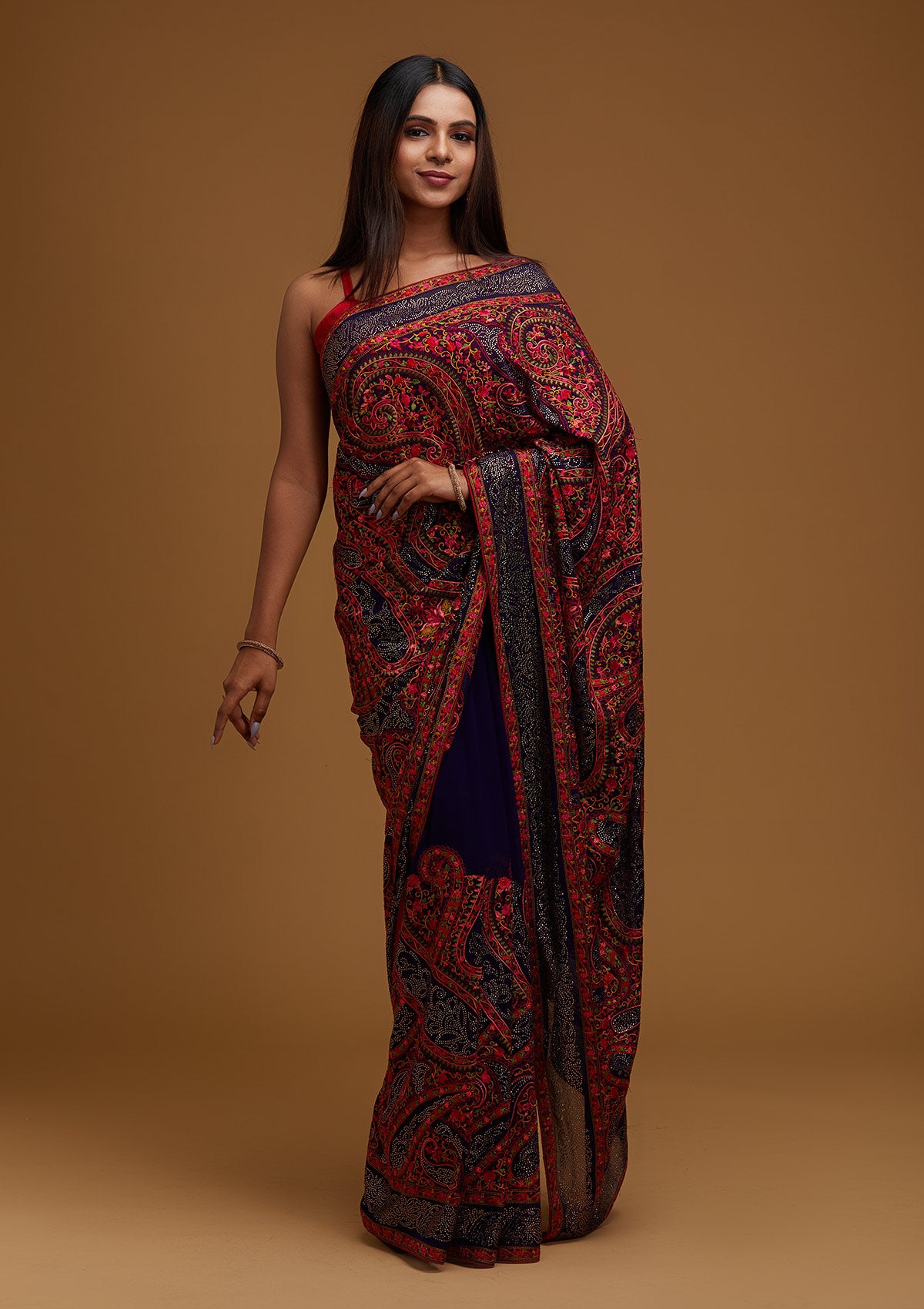 Royal Blue Swarovski Georgette Designer Saree - Koskii