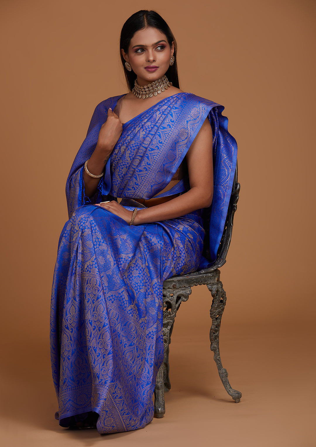 Royal Blue Zariwork Art Silk Saree-Koskii
