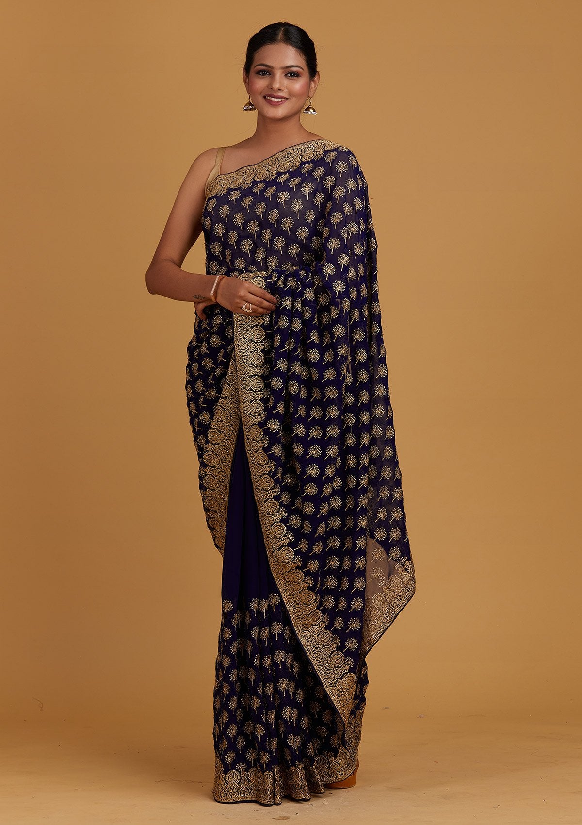 Royal Blue Zariwork Georgette Designer Saree - Koskii