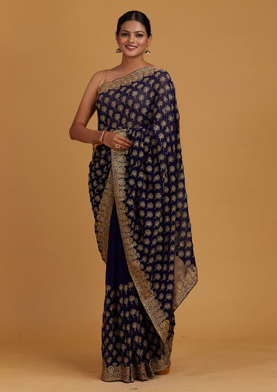 Royal Blue Zariwork Georgette Designer Saree - Koskii