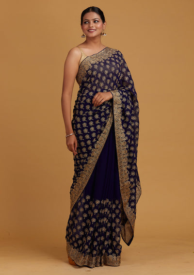 Royal Blue Zariwork Georgette Designer Saree - Koskii
