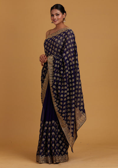Royal Blue Zariwork Georgette Designer Saree - Koskii