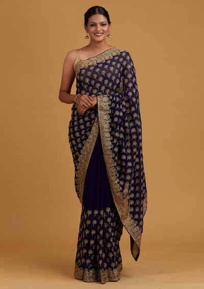 Royal Blue Zariwork Georgette Designer Saree - Koskii