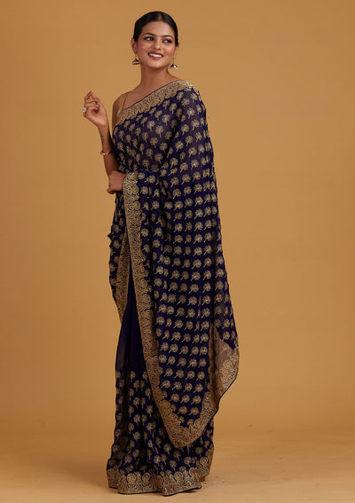 Royal Blue Zariwork Georgette Designer Saree - Koskii