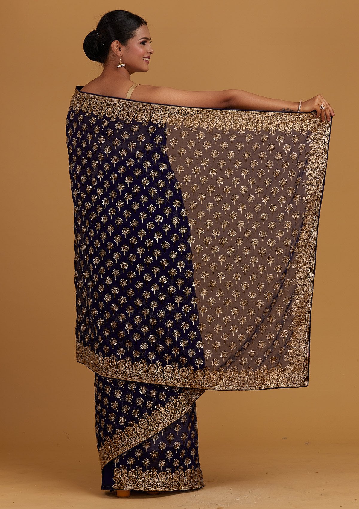 Royal Blue Zariwork Georgette Designer Saree - Koskii