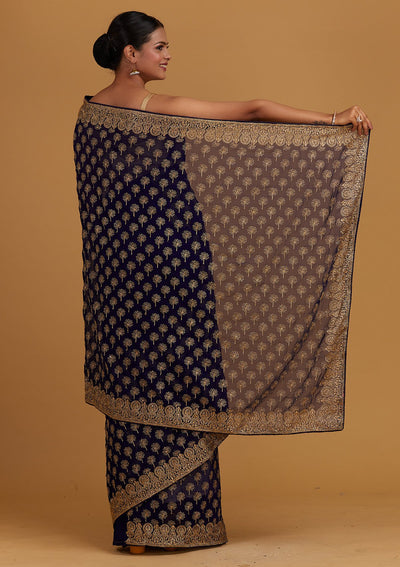 Royal Blue Zariwork Georgette Designer Saree - Koskii