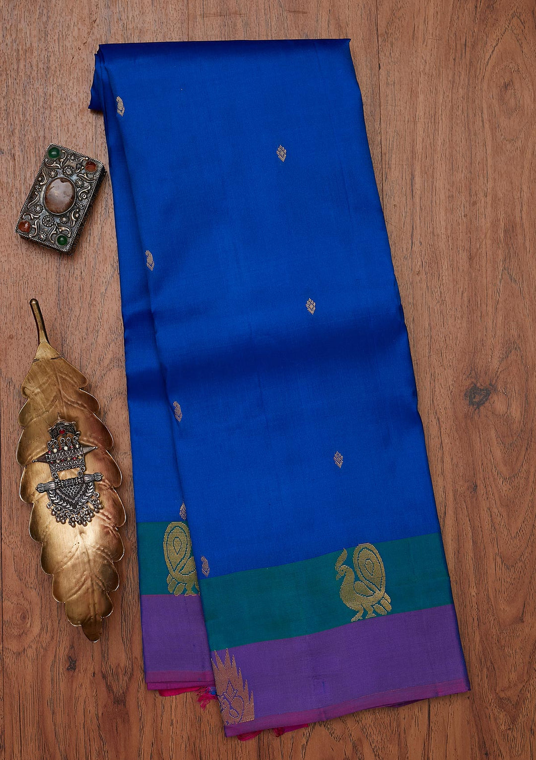 Royal Blue Zariwork Pure Silk Designer Unstitched Saree - Koskii