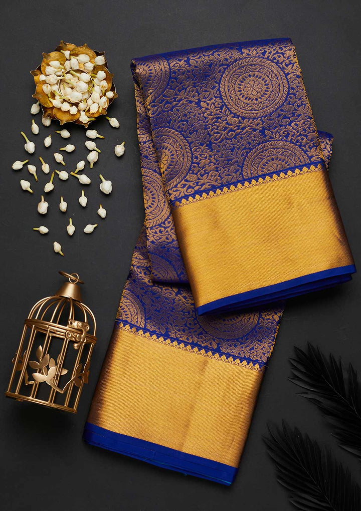 Royal Blue Zariwork Pure Silk Designer Saree - Koskii