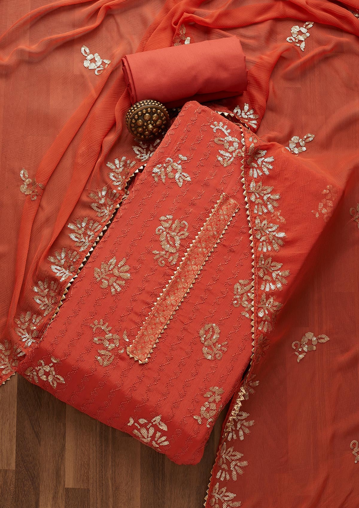Rust Sequins Georgette Semi-Stitched Salwar Suit-Koskii