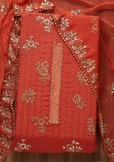 Rust Sequins Georgette Semi-Stitched Salwar Suit-Koskii