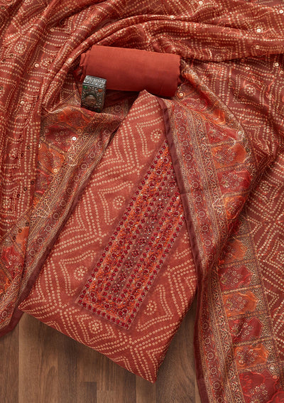 Rust Threadwork Chanderi Unstitched Salwar Suit- Koskii