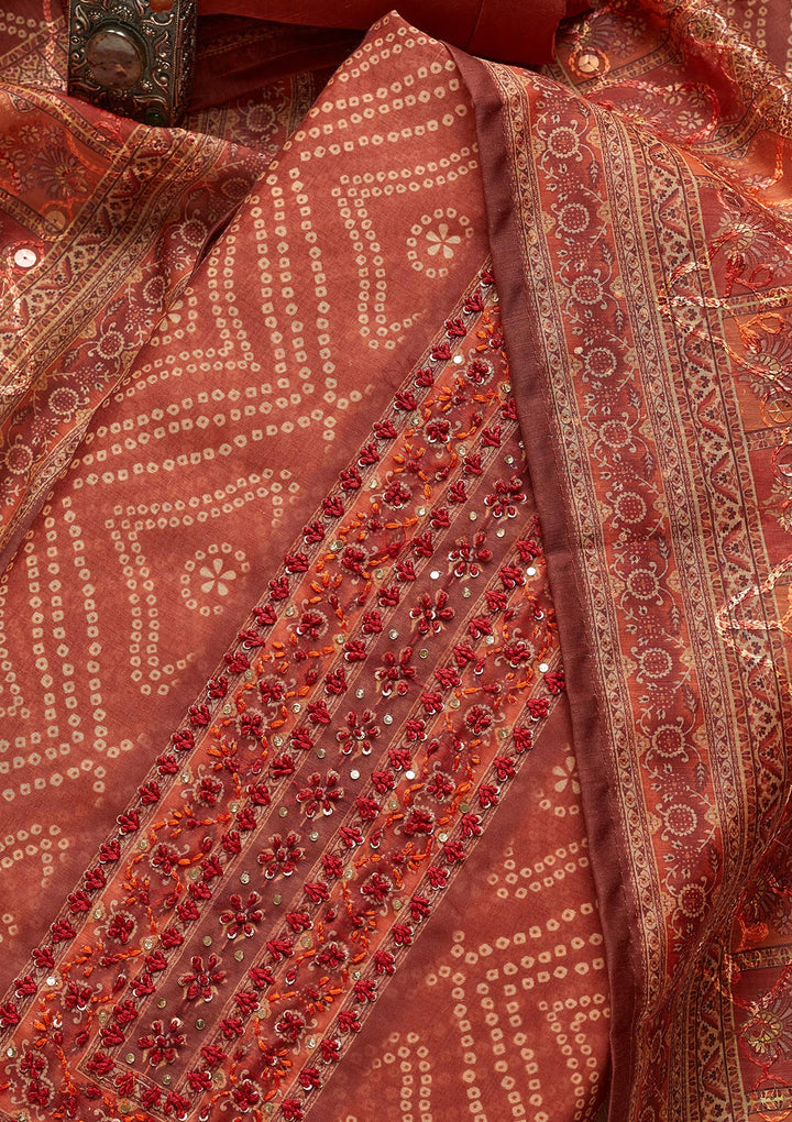 Rust Threadwork Chanderi Unstitched Salwar Suit - Koskii