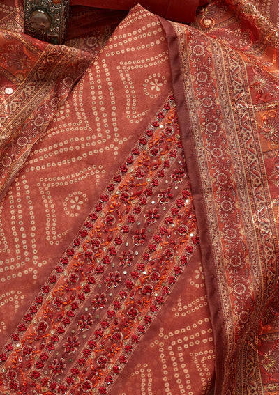 Rust Threadwork Chanderi Unstitched Salwar Suit - Koskii