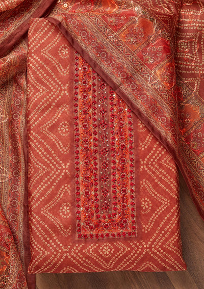 Rust Threadwork Chanderi Unstitched Salwar Suit - Koskii