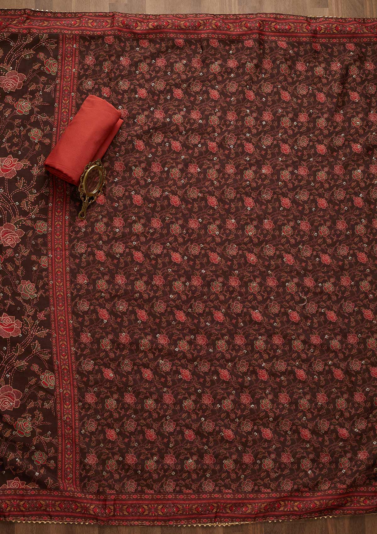 Rust Sequins Threadwork Semi Crepe Unstitched Salwar Suit-Koskii