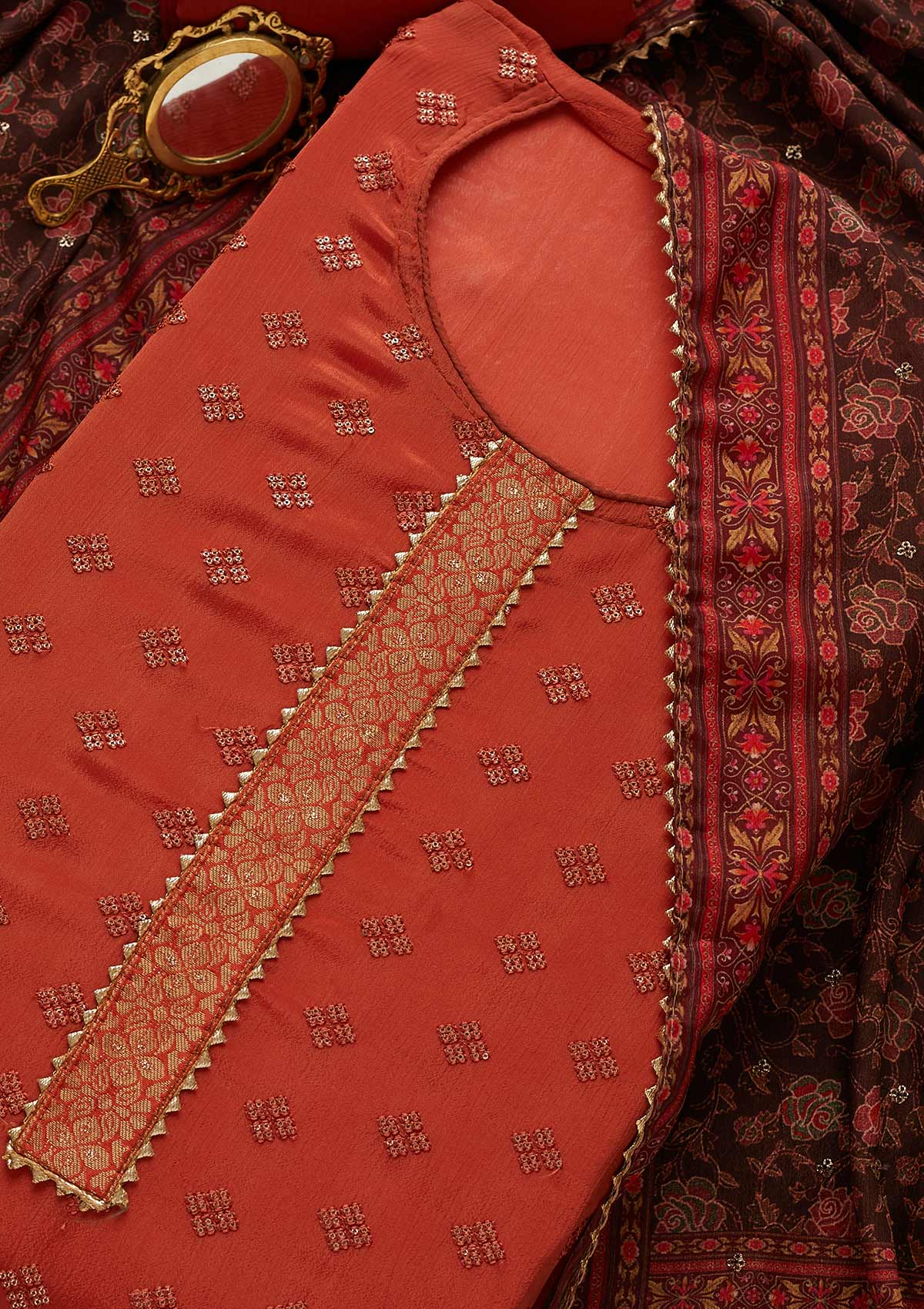 Rust Sequins Threadwork Semi Crepe Unstitched Salwar Suit-Koskii