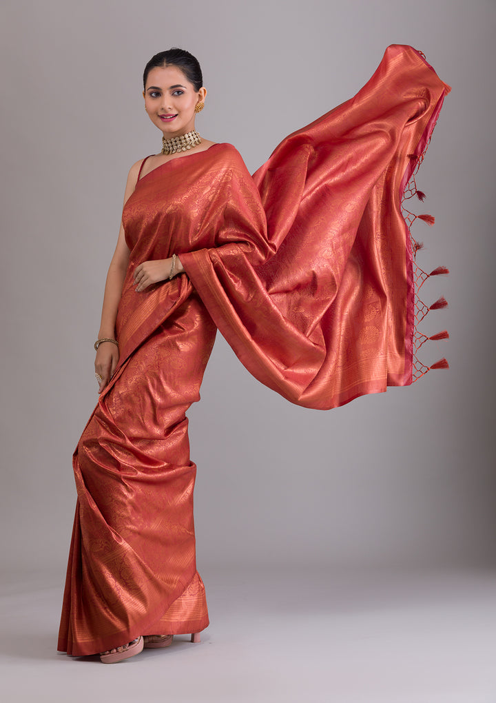 Rust Zariwork Art Silk Saree-Koskii