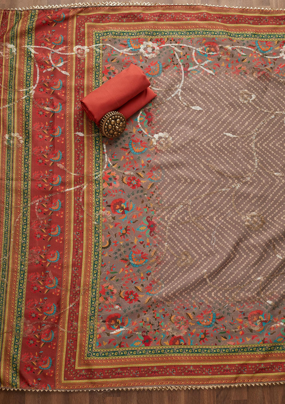Rust Zariwork Chanderi Unstitched Salwar Suit-Koskii