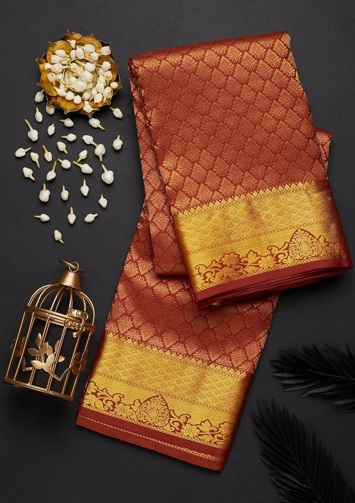 Rust Zariwork Pure Silk Designer Saree - Koskii