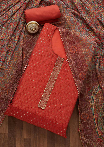 Rust Sequins Semi Crepe Unstitched Salwar Suit-Koskii