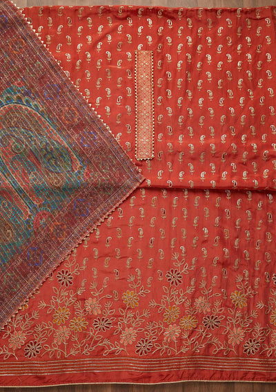 Rust Sequins Semi Crepe Unstitched Salwar Suit-Koskii