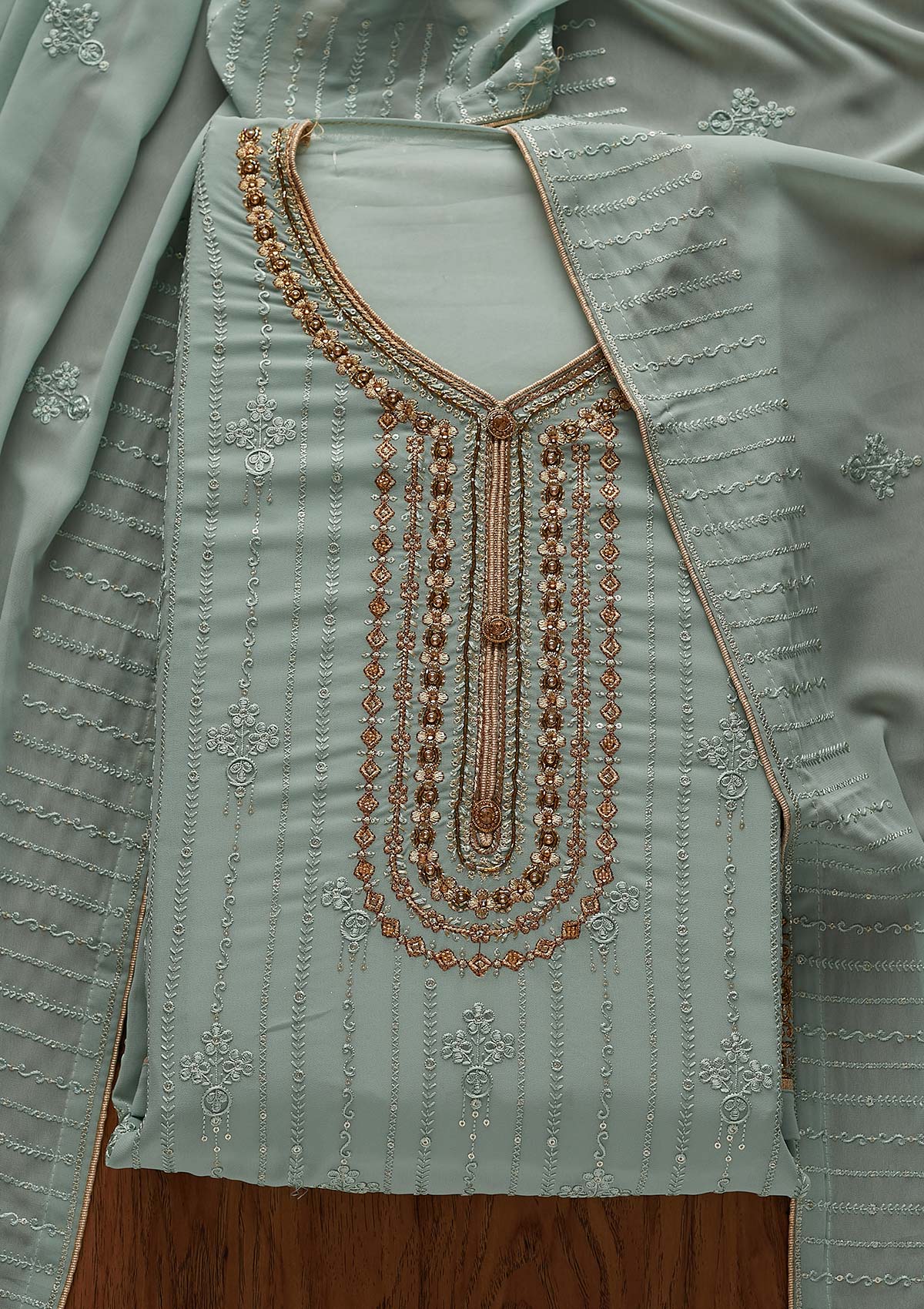 Sea Green Cutdana Georgette Designer Semi-Stitched Salwar Suit - Koskii