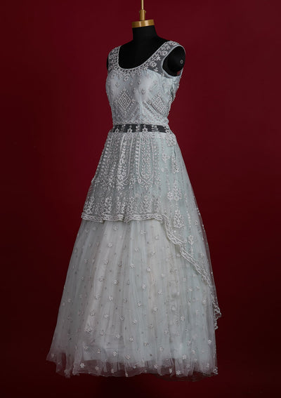 Sea Green Glitter Net Designer Lehenga - Koskii