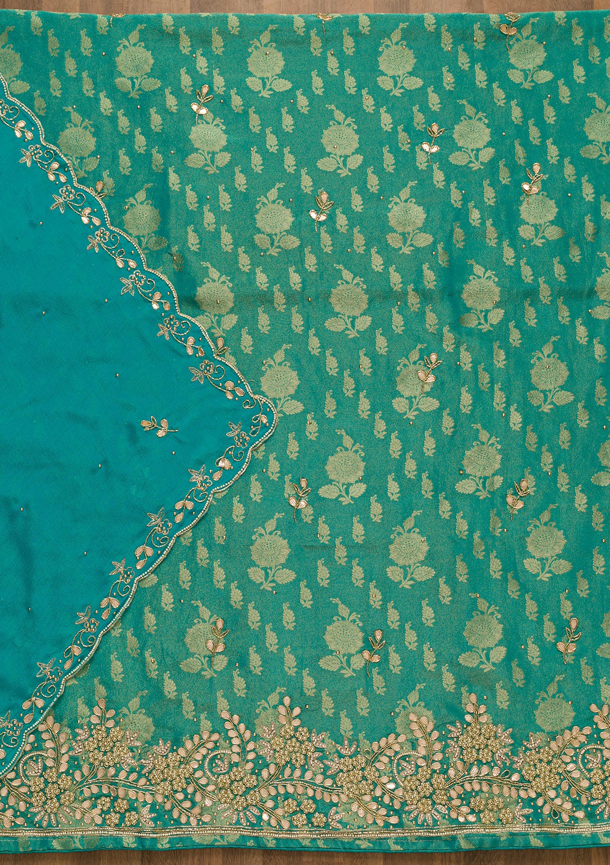 Sea Green Gotapatti Brocade Unstitched Salwar Suit-Koskii
