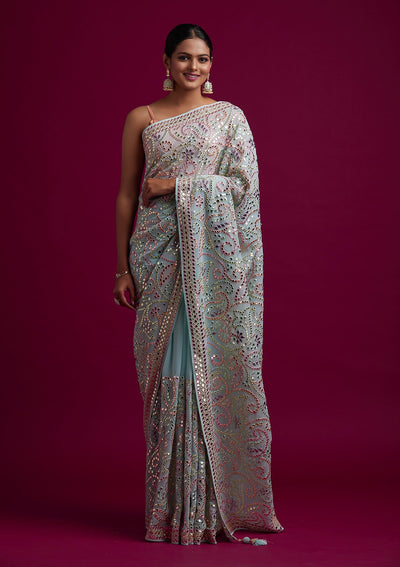 Sea Green Gotapatti Georgette Designer Saree - koskii
