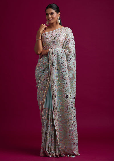 Sea Green Gotapatti Georgette Designer Saree - koskii