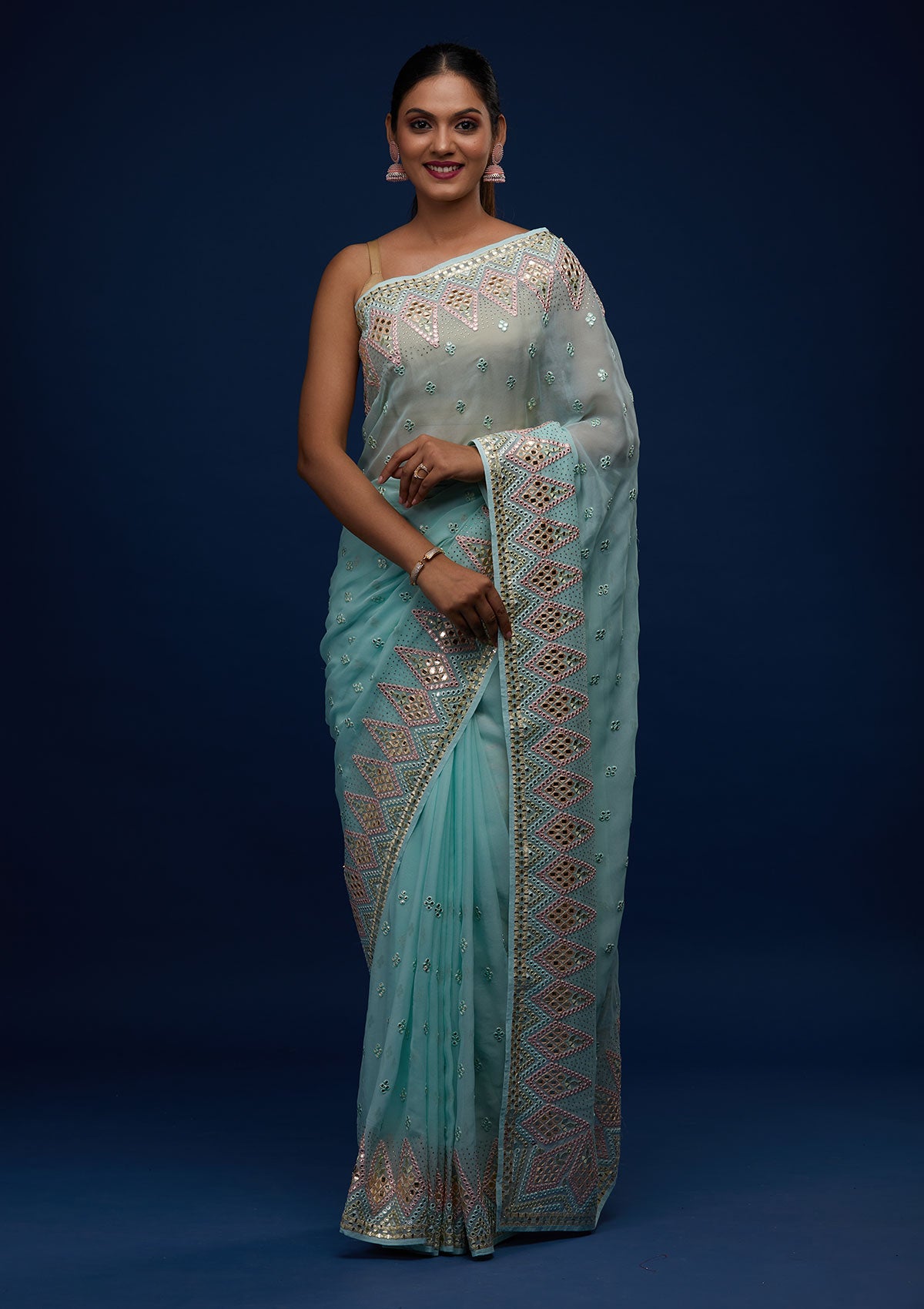 Sea Green Gotapatti Georgette Designer Saree - Koskii