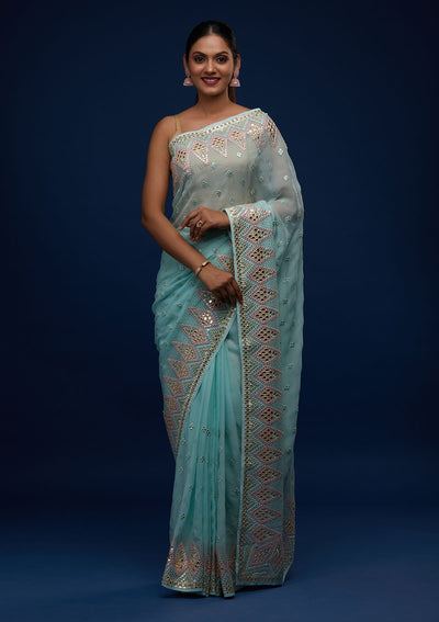Sea Green Gotapatti Georgette Designer Saree - Koskii